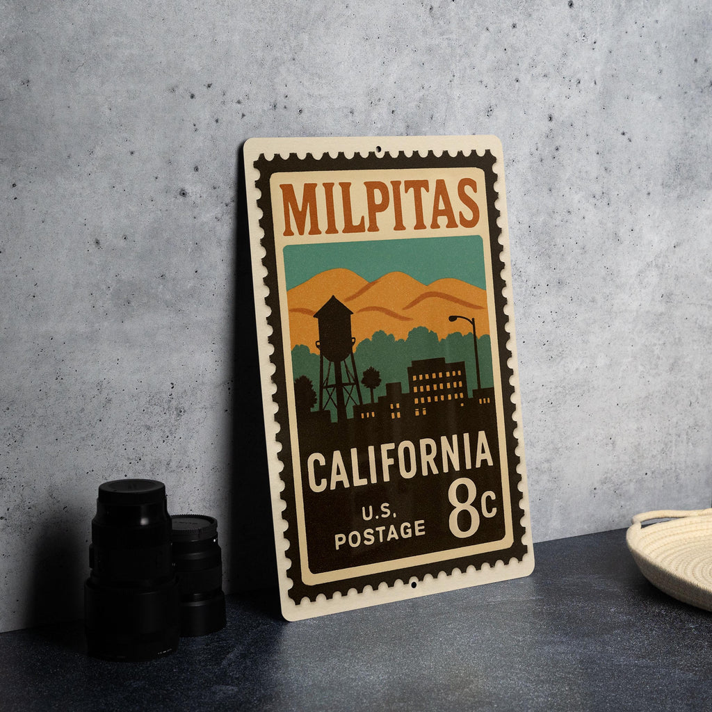 Milpitas California Metal Sign Featuring Retro Postage Stamp Design with Cityscape and Landmark Illustration — photo 4