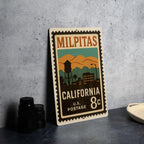 Milpitas California Metal Sign Featuring Retro Postage Stamp Design with Cityscape and Landmark Illustration — photo 4