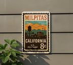 Milpitas California Metal Sign Featuring Retro Postage Stamp Design with Cityscape and Landmark Illustration — photo 5