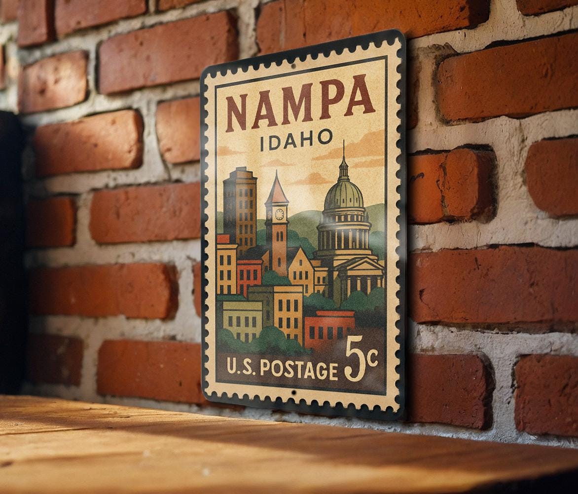 Nampa Idaho Metal Sign – Retro Postage Stamp Artwork Featuring Cityscape and Scenic Landmarks — photo 2