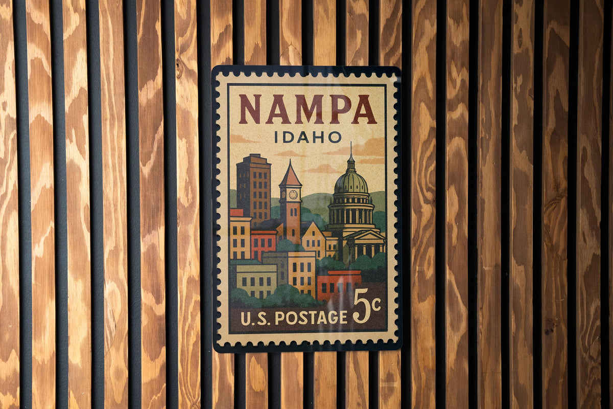 Nampa Idaho Metal Sign – Retro Postage Stamp Artwork Featuring Cityscape and Scenic Landmarks — photo 3