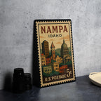 Nampa Idaho Metal Sign – Retro Postage Stamp Artwork Featuring Cityscape and Scenic Landmarks — photo 4