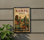 Nampa Idaho Metal Sign – Retro Postage Stamp Artwork Featuring Cityscape and Scenic Landmarks — photo 5