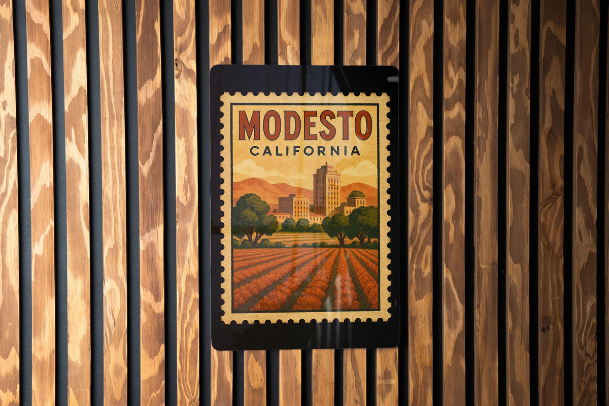 Modesto California Metal Sign – Retro Postage Stamp Design Featuring Iconic City Landmarks and Scenic Views — photo 3