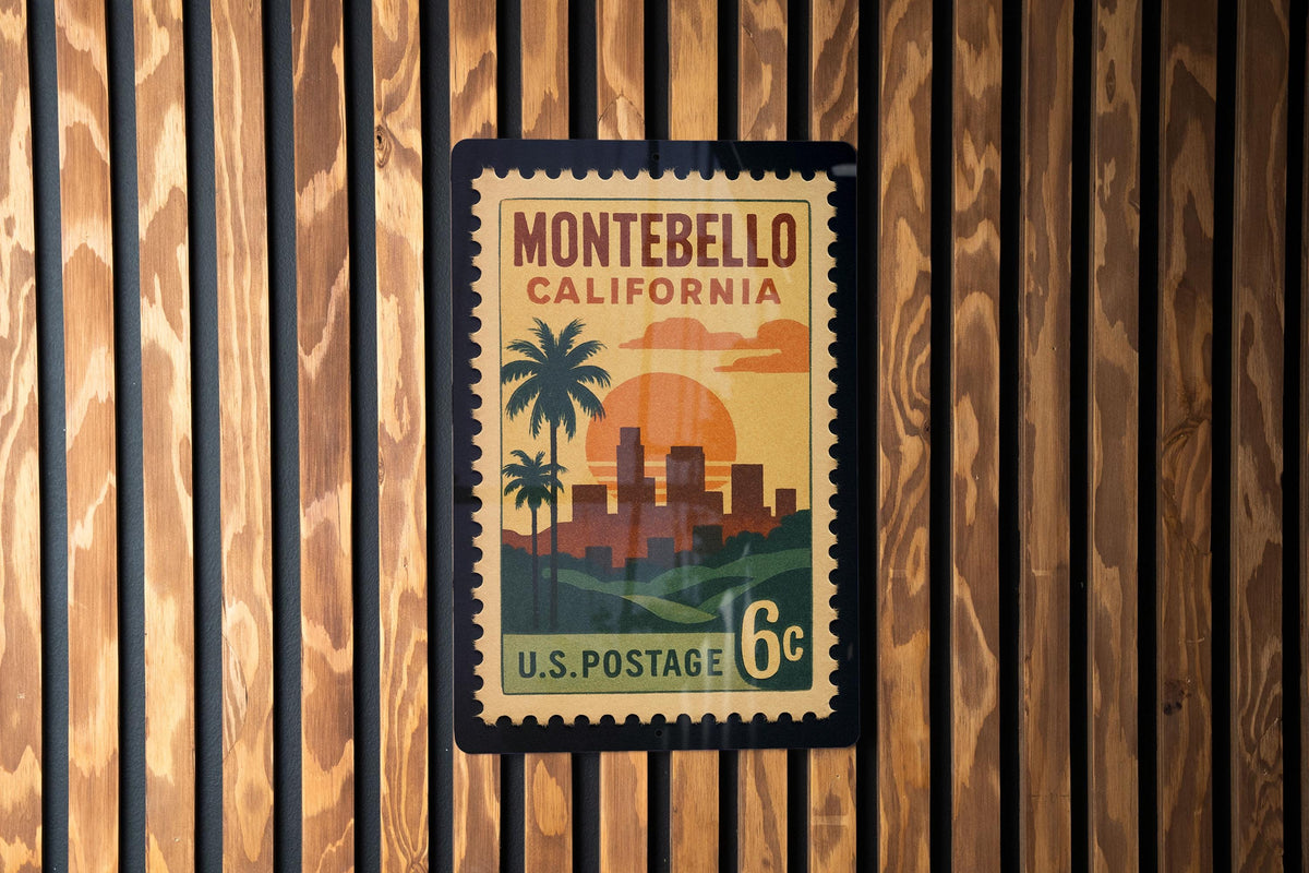 Montebello California Metal Sign – Retro Postage Stamp Featuring Cityscape, Palm Trees, and Scenic Landmark Design — photo 1