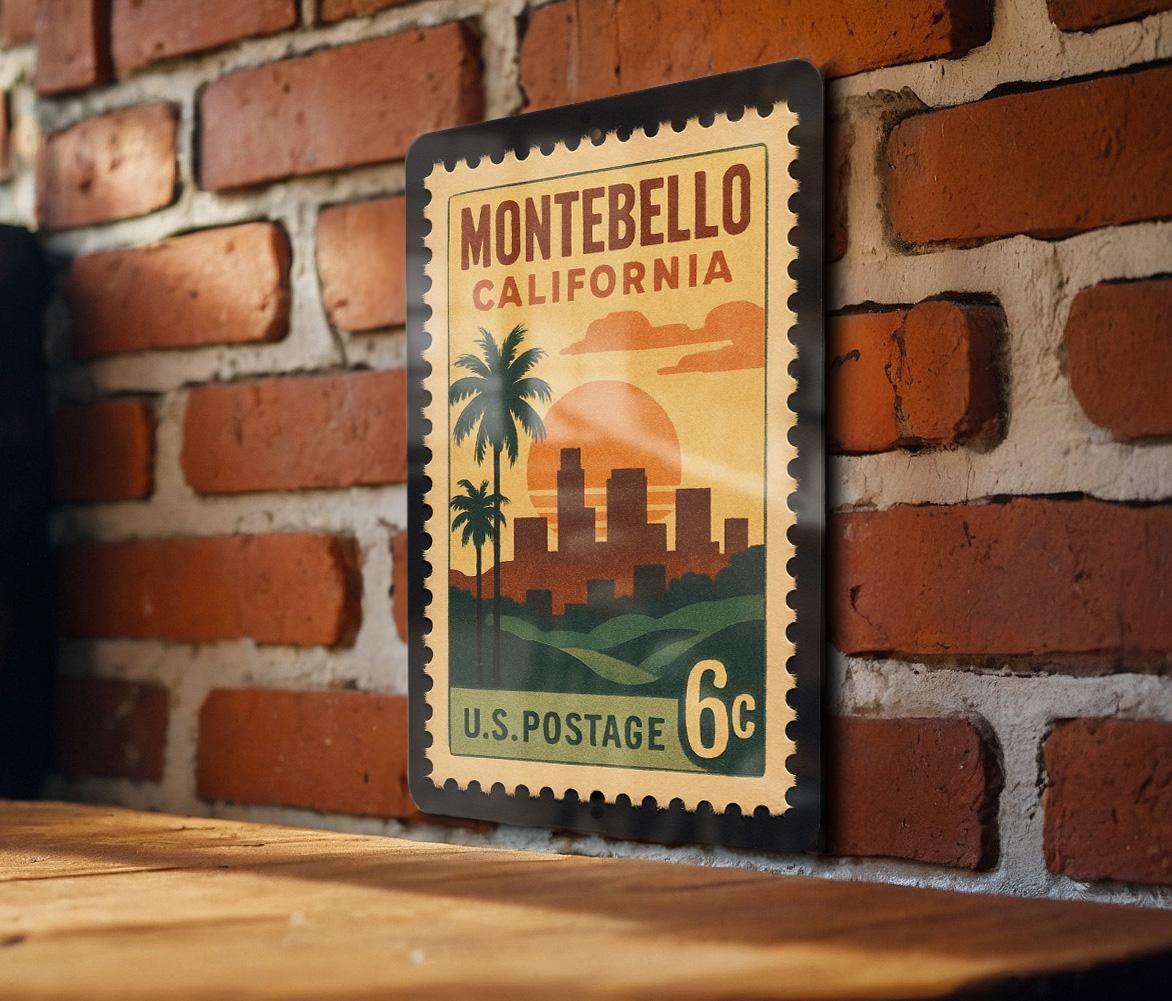 Montebello California Metal Sign – Retro Postage Stamp Featuring Cityscape, Palm Trees, and Scenic Landmark Design — photo 2
