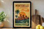 Montebello California Metal Sign – Retro Postage Stamp Featuring Cityscape, Palm Trees, and Scenic Landmark Design — photo 3