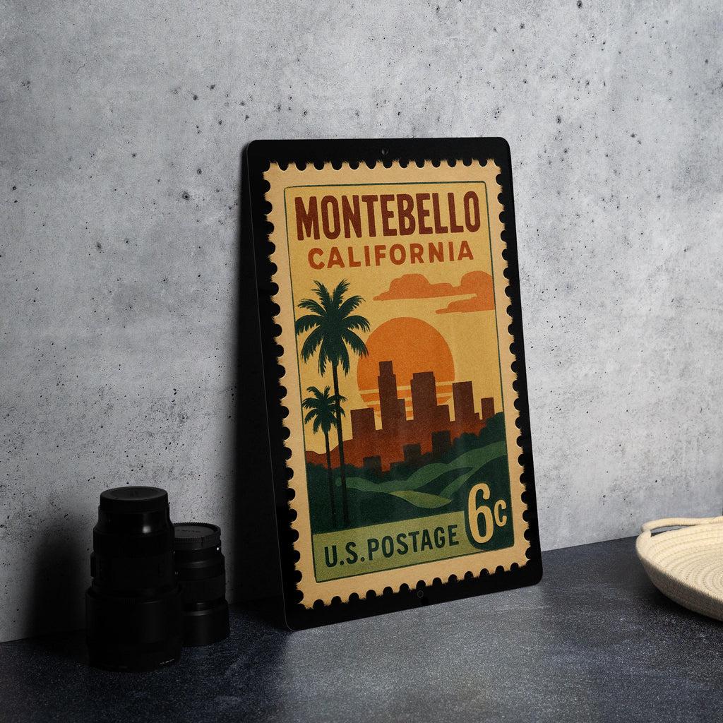 Montebello California Metal Sign – Retro Postage Stamp Featuring Cityscape, Palm Trees, and Scenic Landmark Design — photo 4