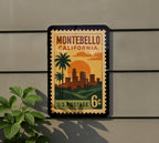 Montebello California Metal Sign – Retro Postage Stamp Featuring Cityscape, Palm Trees, and Scenic Landmark Design — photo 5