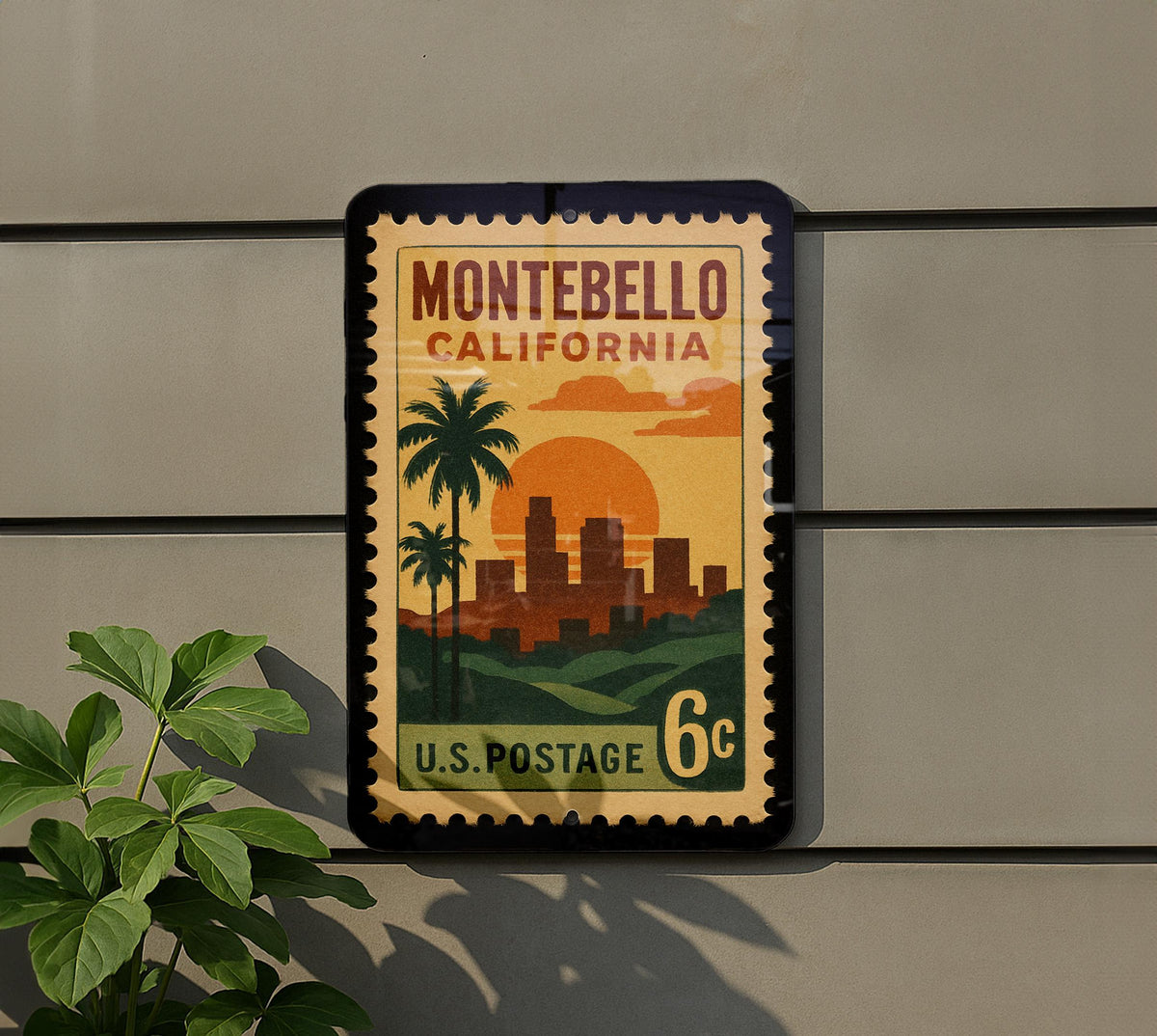 Montebello California Metal Sign – Retro Postage Stamp Featuring Cityscape, Palm Trees, and Scenic Landmark Design — photo 5