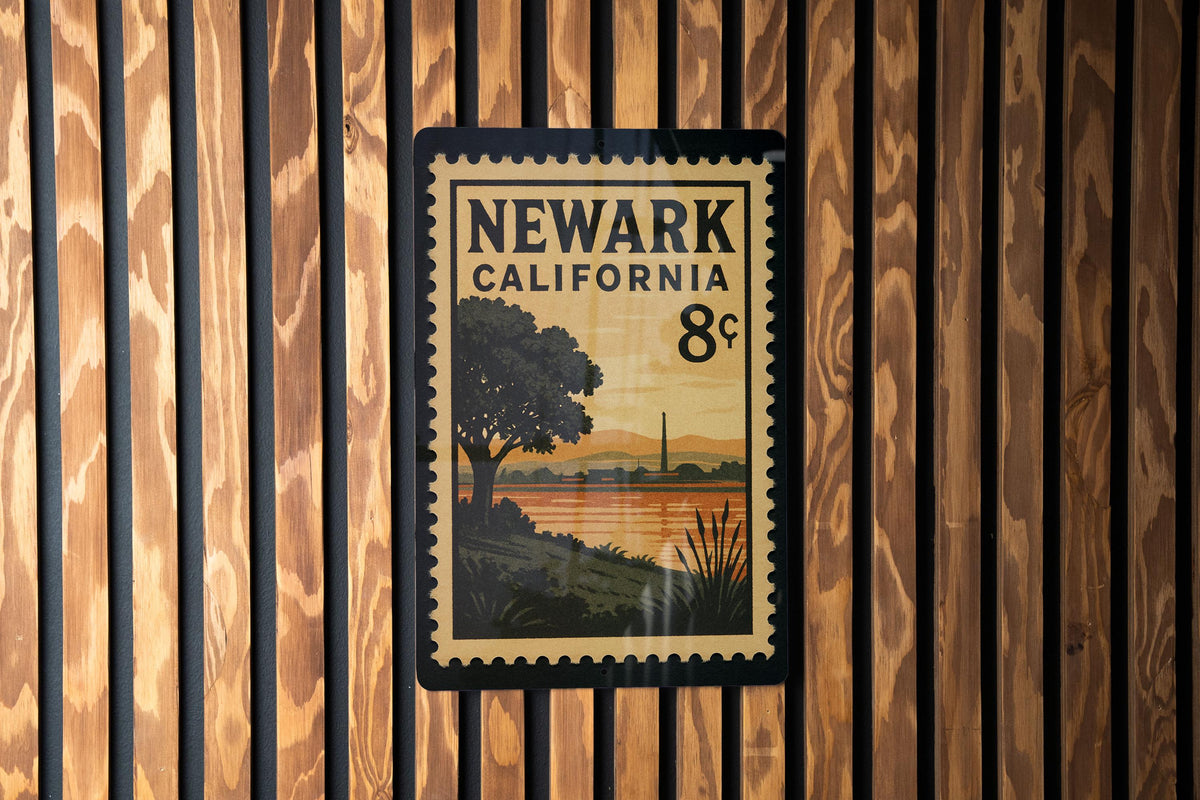 Newark California Metal Sign – Retro Postage Stamp Design Featuring Cityscape and Landmark Theme — photo 2