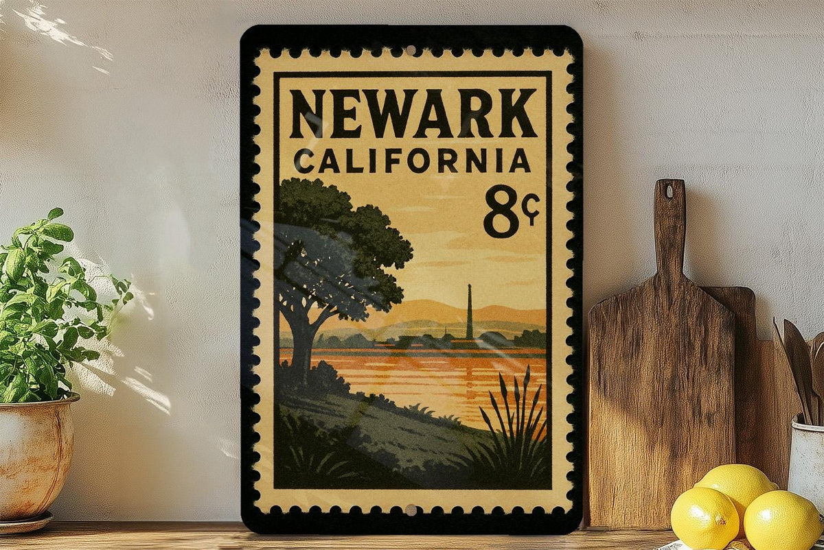 Newark California Metal Sign – Retro Postage Stamp Design Featuring Cityscape and Landmark Theme — photo 3