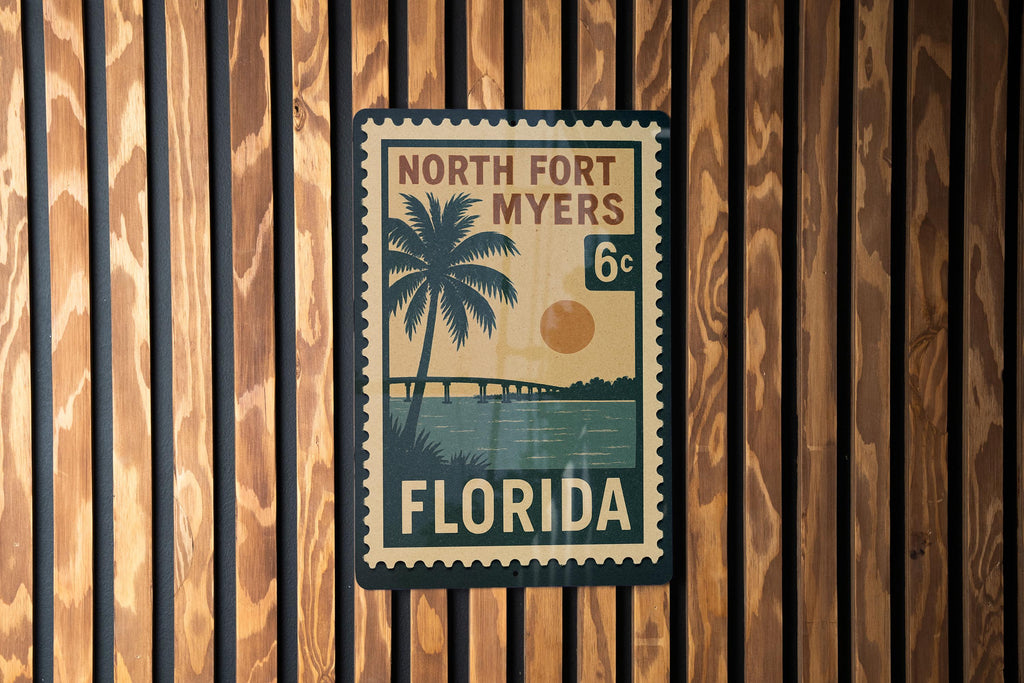 North Fort Myers Florida Metal Sign Featuring Retro Postage Stamp Design – Vintage Travel-Inspired Wall Decor — photo 1