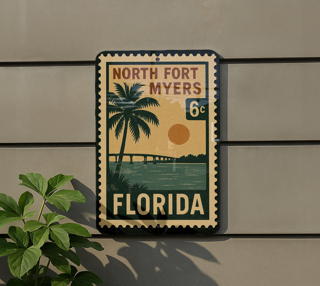 North Fort Myers Florida Metal Sign Featuring Retro Postage Stamp Design – Vintage Travel-Inspired Wall Decor — photo 5
