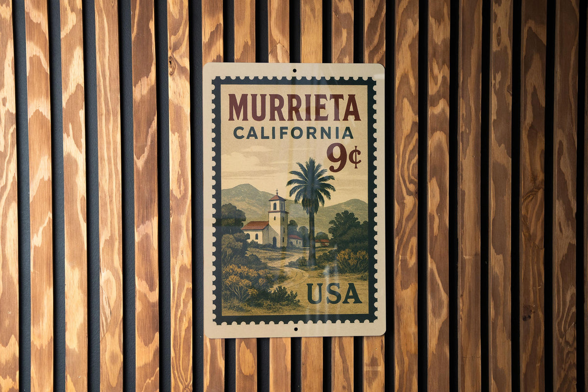 Murrieta California Metal Sign – Retro Postage Stamp Design Featuring Cityscape and Local Landmarks Decor — photo 1