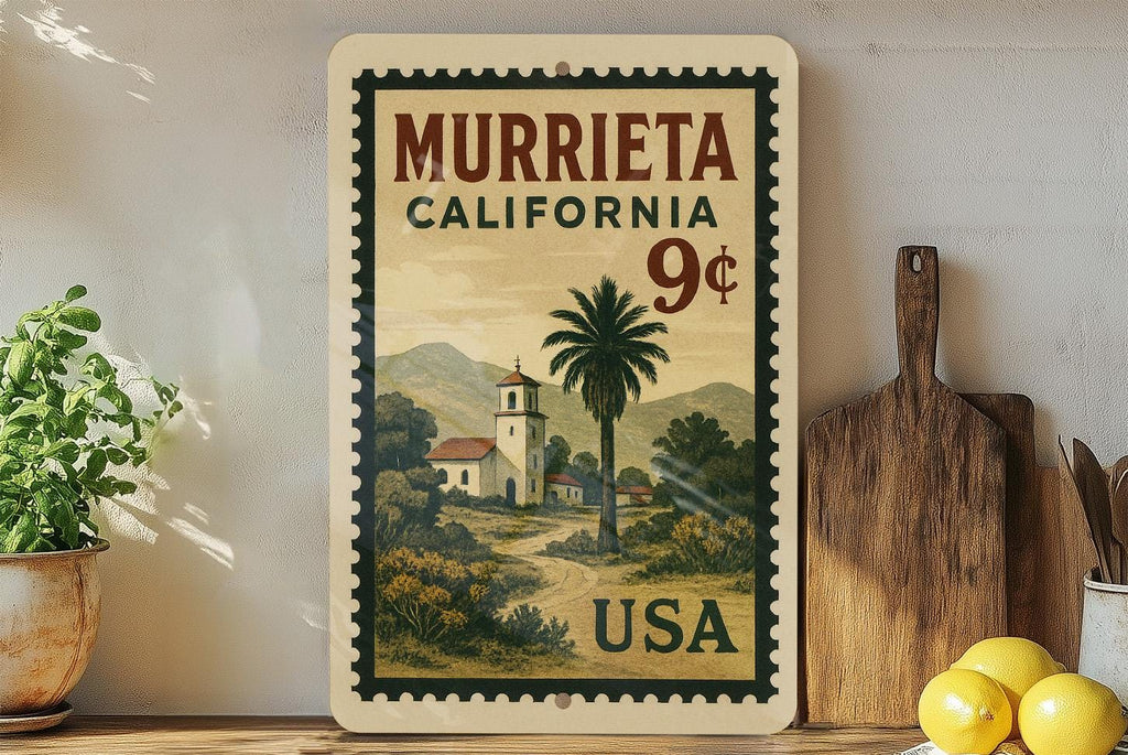 Murrieta California Metal Sign – Retro Postage Stamp Design Featuring Cityscape and Local Landmarks Decor — photo 2