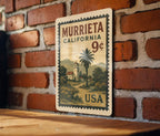 Murrieta California Metal Sign – Retro Postage Stamp Design Featuring Cityscape and Local Landmarks Decor — photo 3