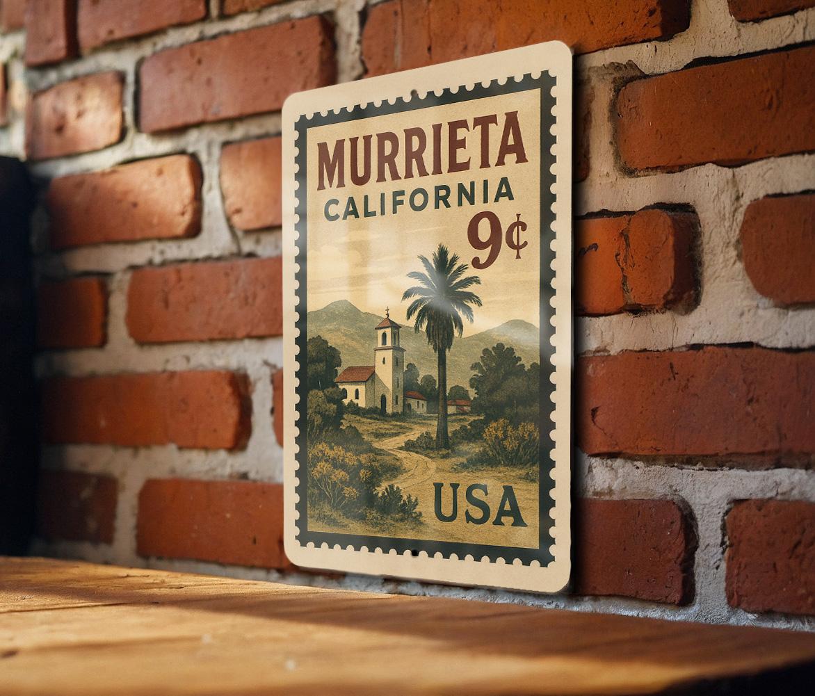 Murrieta California Metal Sign – Retro Postage Stamp Design Featuring Cityscape and Local Landmarks Decor — photo 3