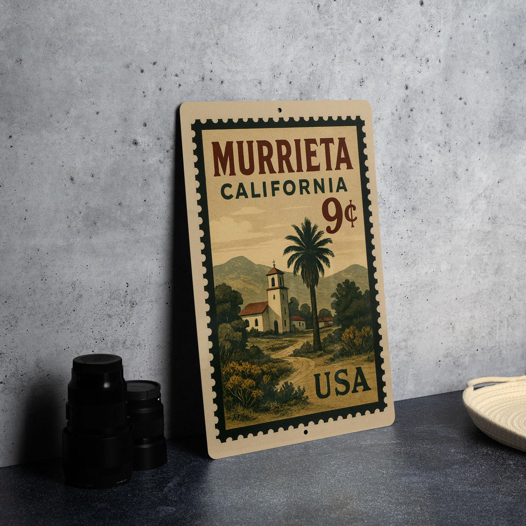 Murrieta California Metal Sign – Retro Postage Stamp Design Featuring Cityscape and Local Landmarks Decor — photo 4