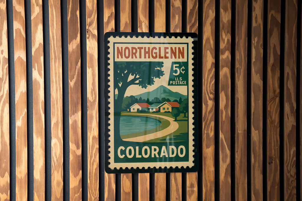 Northglenn Colorado Metal Sign – Retro Postage Stamp Design Featuring Cityscape and Local Landmarks — photo 1