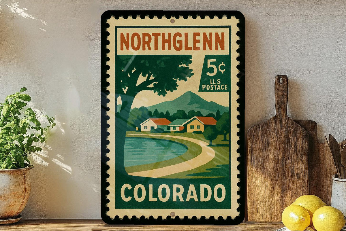 Northglenn Colorado Metal Sign – Retro Postage Stamp Design Featuring Cityscape and Local Landmarks — photo 2