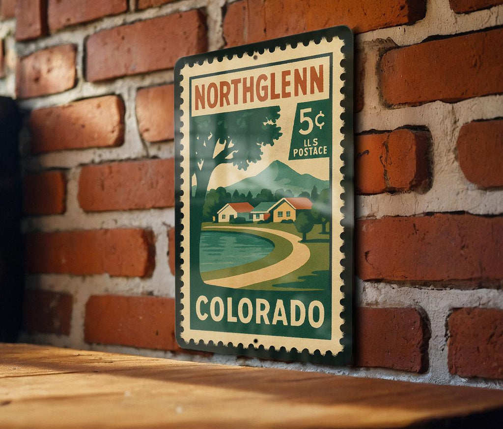 Northglenn Colorado Metal Sign – Retro Postage Stamp Design Featuring Cityscape and Local Landmarks — photo 3