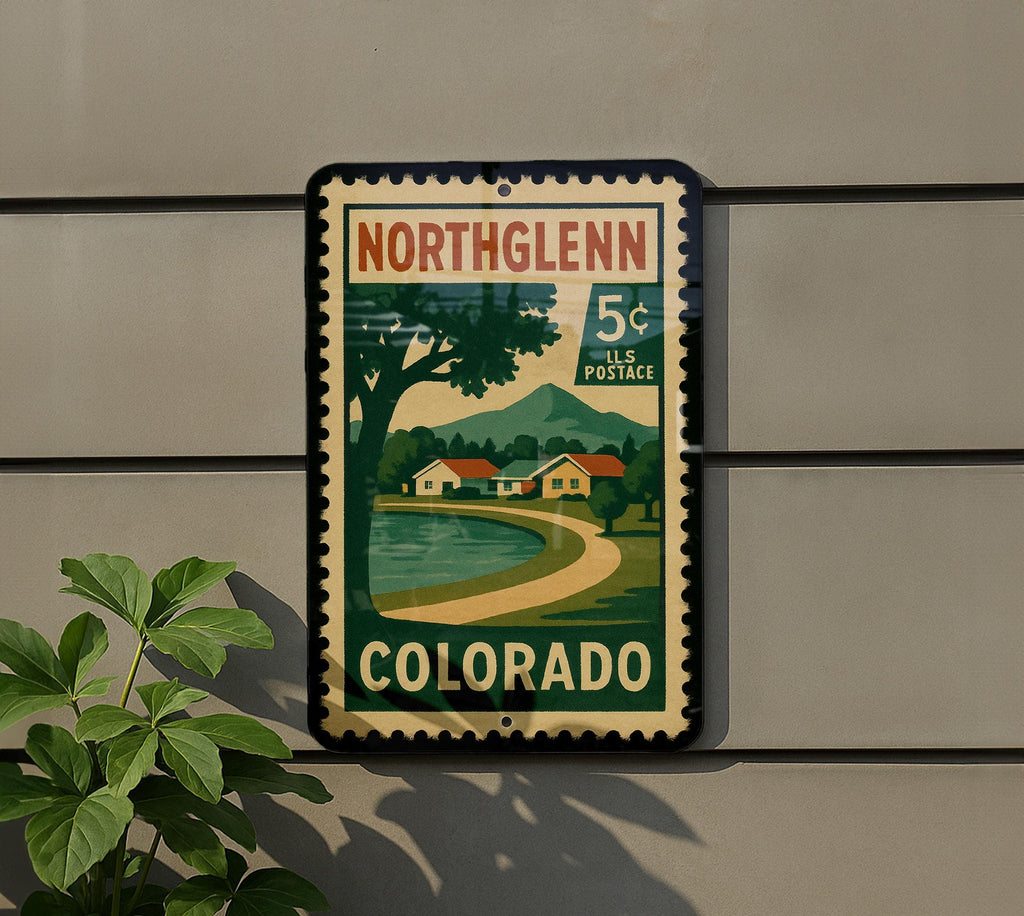 Northglenn Colorado Metal Sign – Retro Postage Stamp Design Featuring Cityscape and Local Landmarks — photo 5