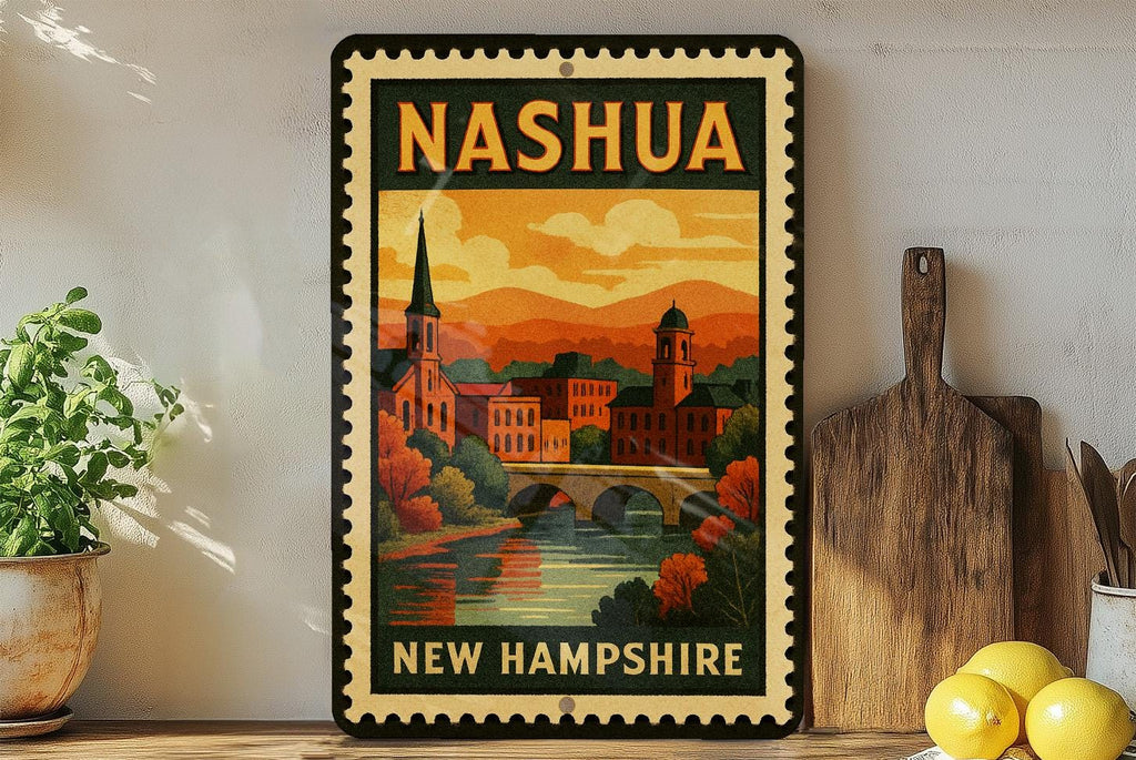 Nashua New Hampshire Metal Sign – Vintage Postage Stamp Design Featuring Cityscape and Historic Landmarks — photo 1
