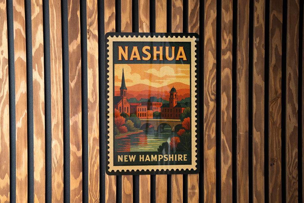 Nashua New Hampshire Metal Sign – Vintage Postage Stamp Design Featuring Cityscape and Historic Landmarks — photo 2
