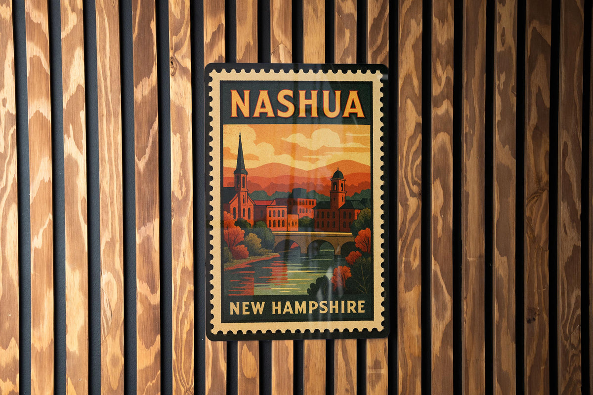 Nashua New Hampshire Metal Sign – Vintage Postage Stamp Design Featuring Cityscape and Historic Landmarks — photo 2