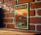 Nashua New Hampshire Metal Sign – Vintage Postage Stamp Design Featuring Cityscape and Historic Landmarks — photo 3
