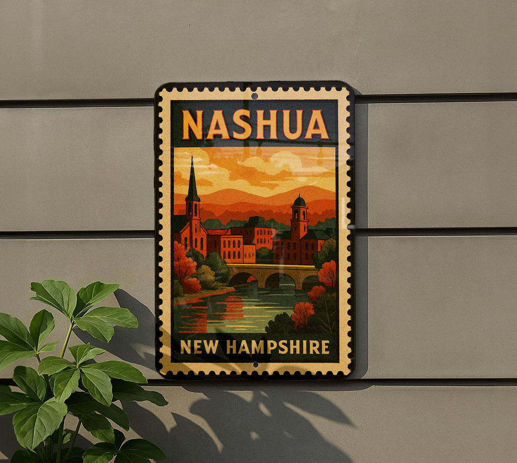 Nashua New Hampshire Metal Sign – Vintage Postage Stamp Design Featuring Cityscape and Historic Landmarks — photo 5