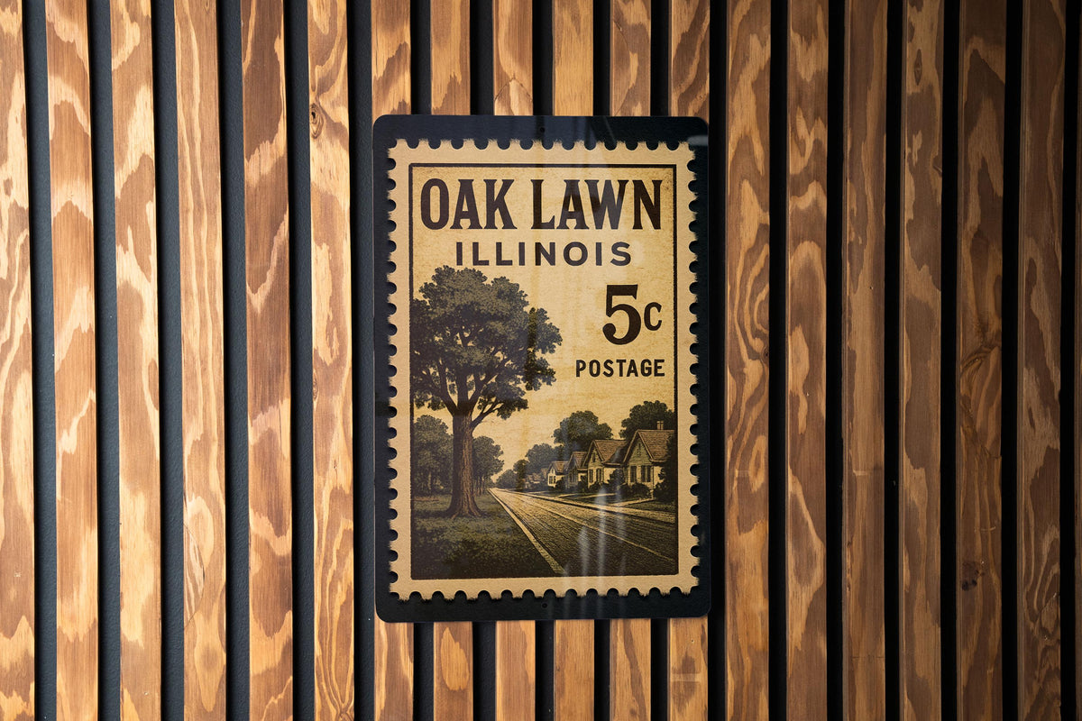 Oak Lawn Illinois Metal Sign – Retro Postage Stamp Design Featuring City Name and Vintage Travel Theme — photo 3
