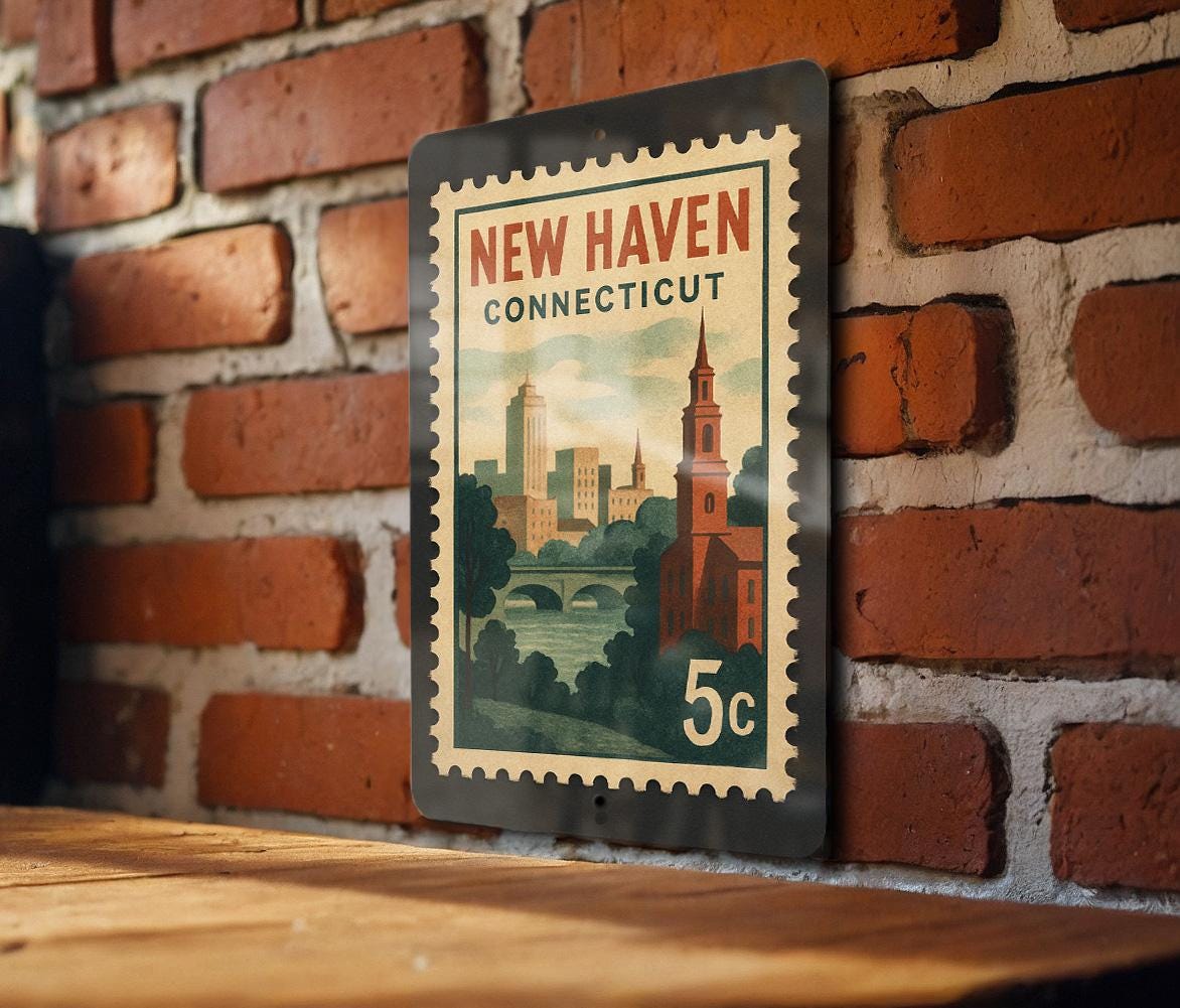 New Haven Connecticut Metal Sign – Retro Postage Stamp Design Featuring City Landmarks and Scenic Views — photo 1