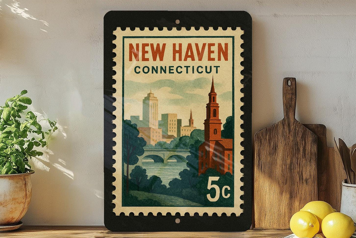 New Haven Connecticut Metal Sign – Retro Postage Stamp Design Featuring City Landmarks and Scenic Views — photo 3