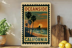 Oceanside California Metal Sign – Retro Postage Stamp Design Featuring Beach Scene and Coastal Landmarks — photo 1