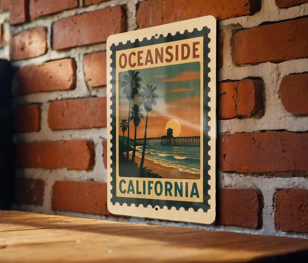 Oceanside California Metal Sign – Retro Postage Stamp Design Featuring Beach Scene and Coastal Landmarks — photo 2