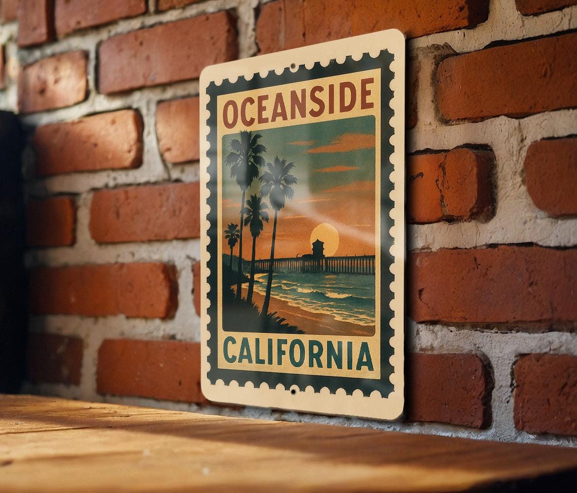 Oceanside California Metal Sign – Retro Postage Stamp Design Featuring Beach Scene and Coastal Landmarks — photo 2