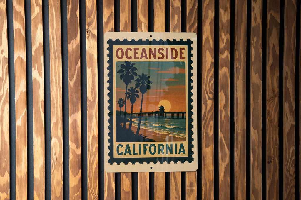 Oceanside California Metal Sign – Retro Postage Stamp Design Featuring Beach Scene and Coastal Landmarks — photo 3