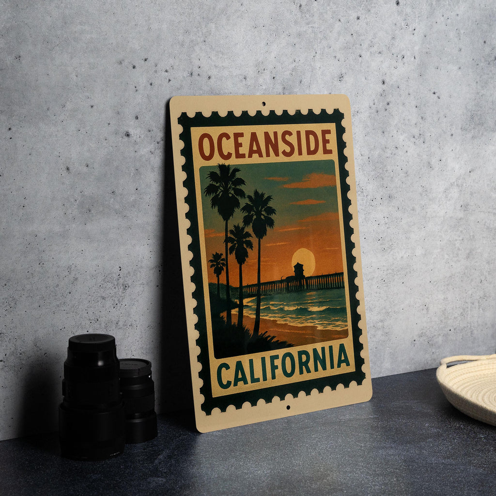 Oceanside California Metal Sign – Retro Postage Stamp Design Featuring Beach Scene and Coastal Landmarks — photo 4