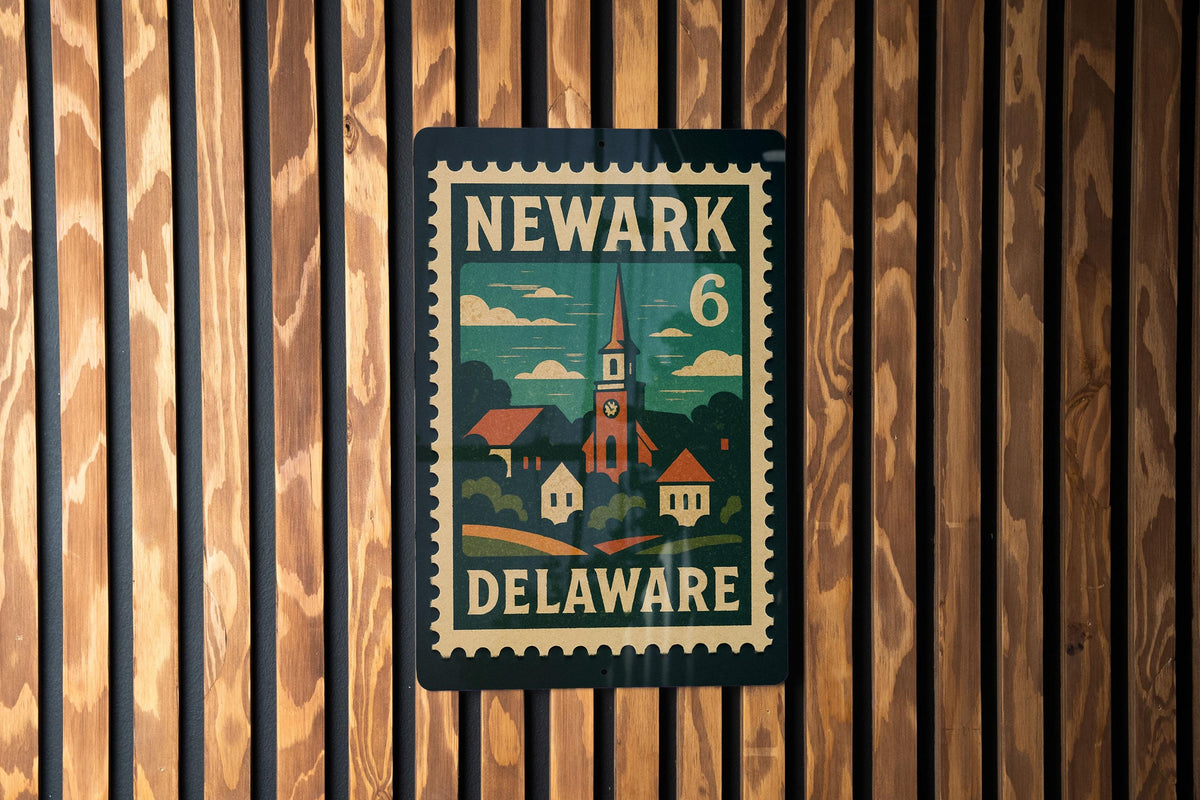Newark Delaware Metal Sign Featuring Retro Postage Stamp Design with Cityscape and Vintage Travel Theme — photo 1