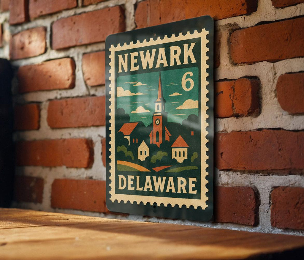 Newark Delaware Metal Sign Featuring Retro Postage Stamp Design with Cityscape and Vintage Travel Theme — photo 2