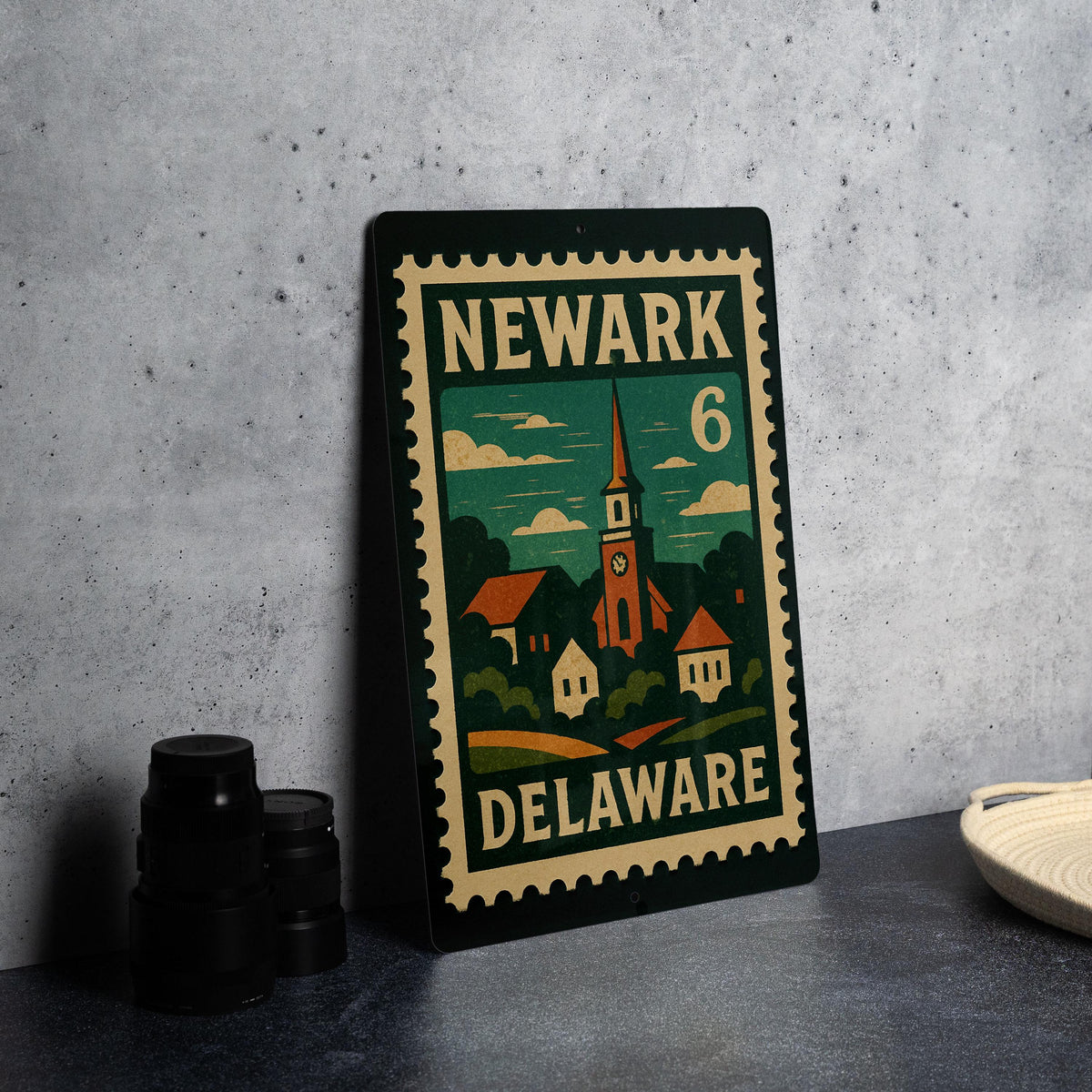 Newark Delaware Metal Sign Featuring Retro Postage Stamp Design with Cityscape and Vintage Travel Theme — photo 4
