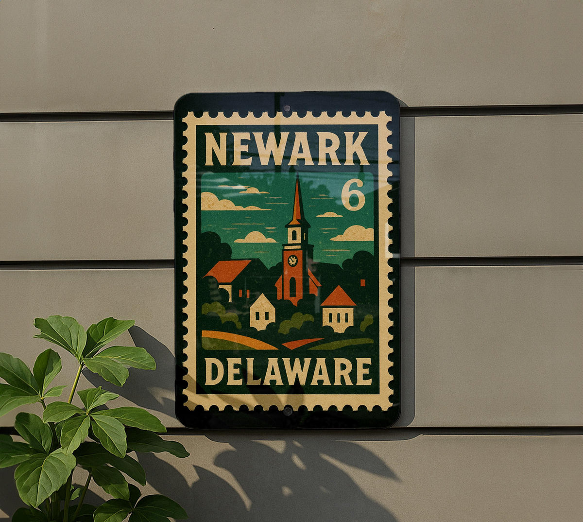 Newark Delaware Metal Sign Featuring Retro Postage Stamp Design with Cityscape and Vintage Travel Theme — photo 5