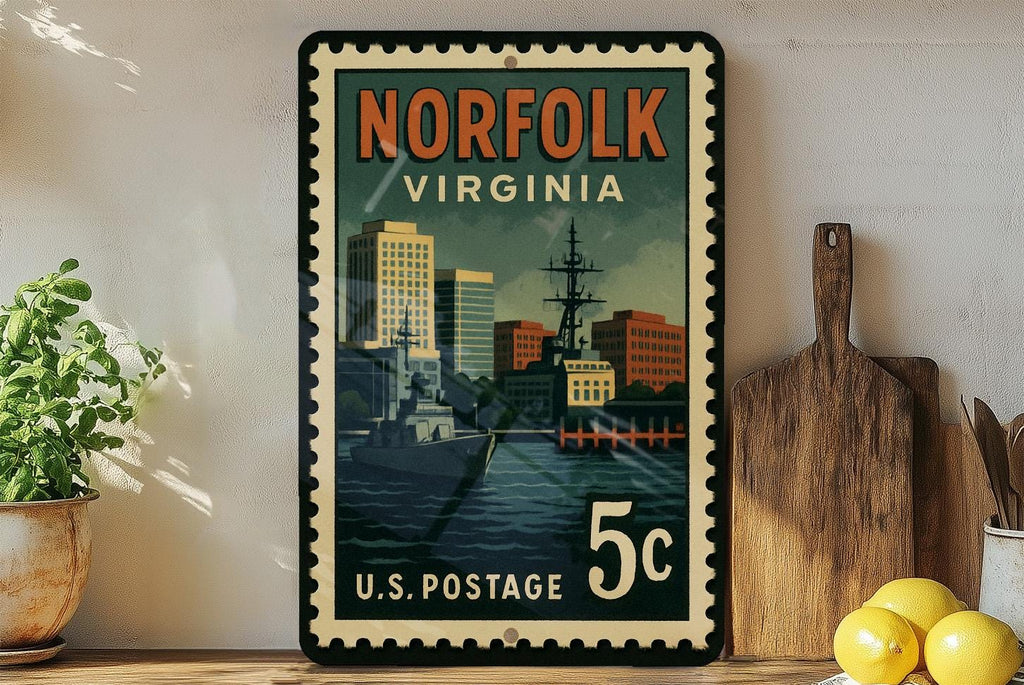 Norfolk Virginia Metal Sign Featuring Retro Postage Stamp Design with City Skyline and Coastal Landmark Scene — photo 1