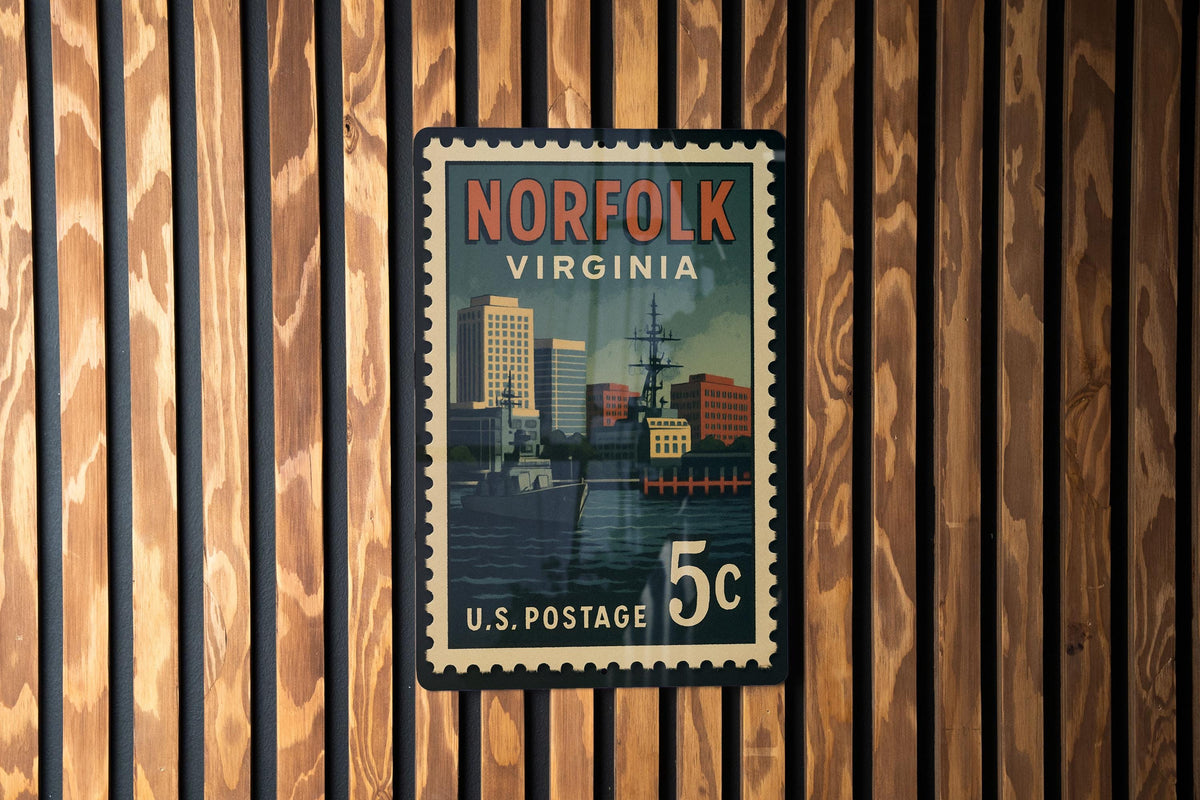 Norfolk Virginia Metal Sign Featuring Retro Postage Stamp Design with City Skyline and Coastal Landmark Scene — photo 2