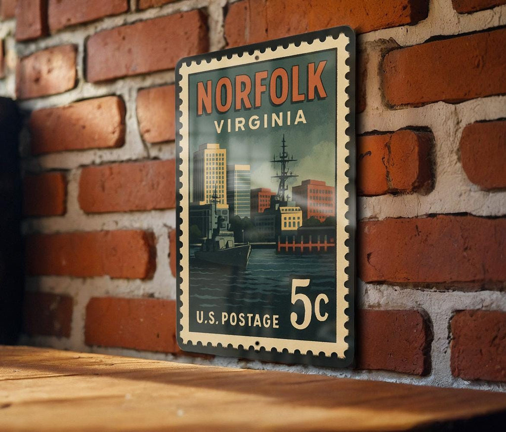 Norfolk Virginia Metal Sign Featuring Retro Postage Stamp Design with City Skyline and Coastal Landmark Scene — photo 3