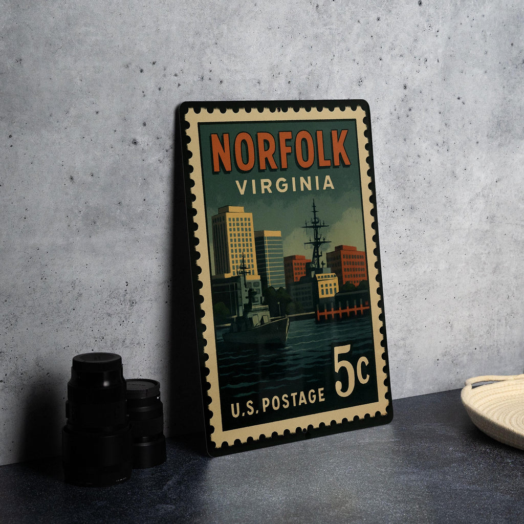 Norfolk Virginia Metal Sign Featuring Retro Postage Stamp Design with City Skyline and Coastal Landmark Scene — photo 4