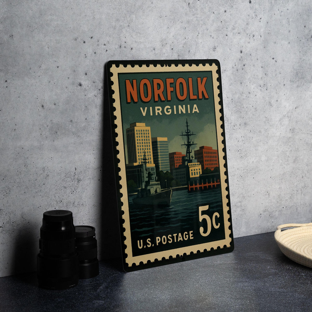 Norfolk Virginia Metal Sign Featuring Retro Postage Stamp Design with City Skyline and Coastal Landmark Scene — photo 4
