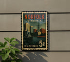 Norfolk Virginia Metal Sign Featuring Retro Postage Stamp Design with City Skyline and Coastal Landmark Scene — photo 5